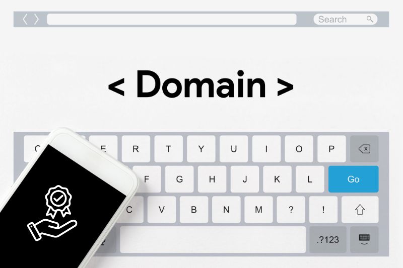 A smartphone with a certification icon is placed on a keyboard, with the word "Domain" 