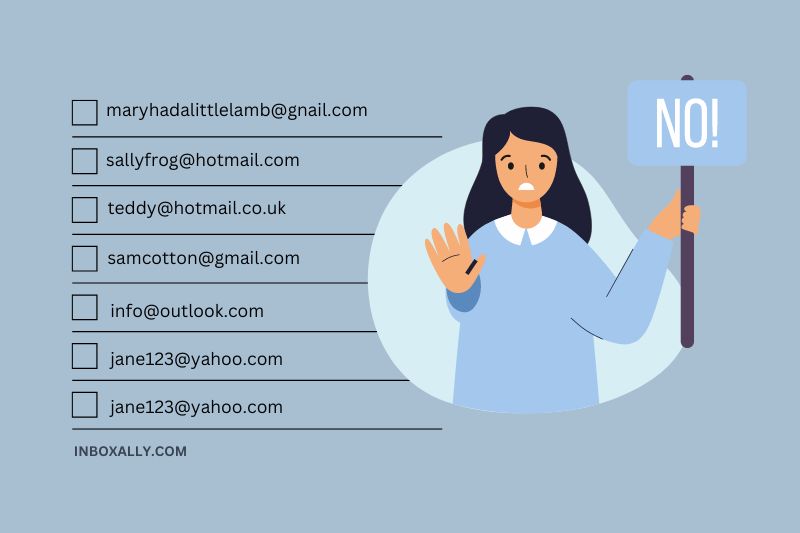 Illustration of a woman holding a sign that says "NO!" with a list titled "How to Send Mass Emails" in the background.