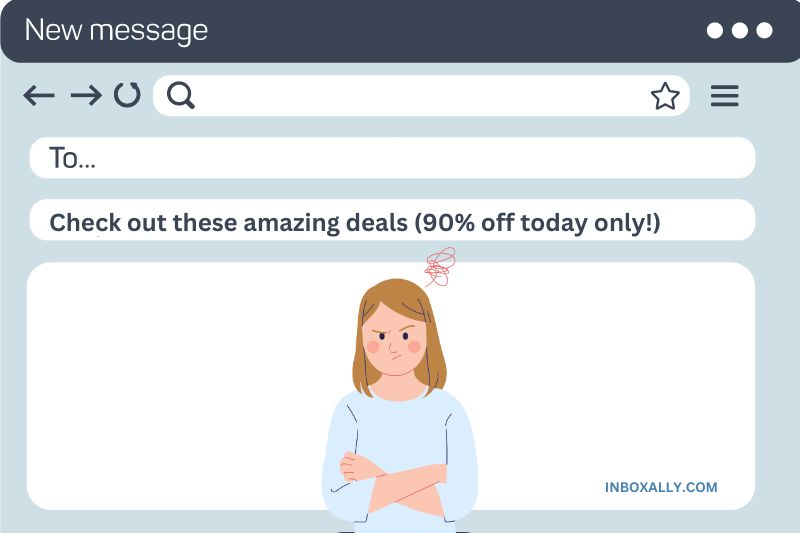 Illustration of a skeptical woman with crossed arms reading a promotional email on how to send mass emails, offered at 90% off, displayed on a digital device screen.