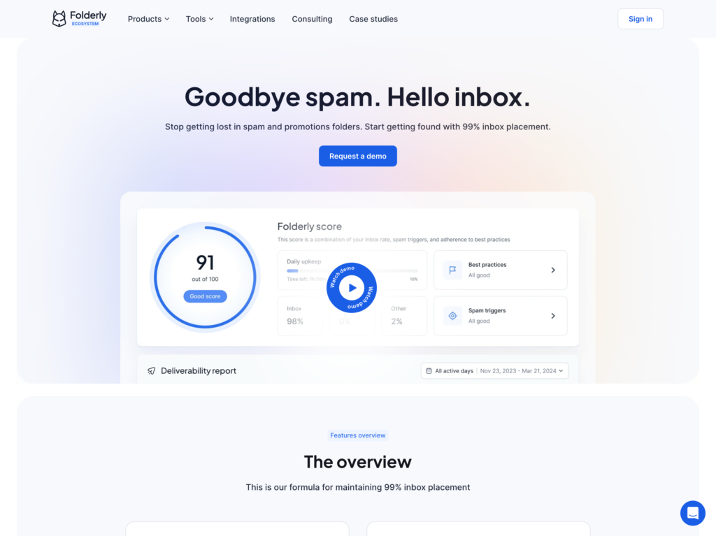 Screenshot of a website featuring a spam filtering service. The page displays a title, "Goodbye spam. Hello inbox." and includes a Folderly score card with a score of 91 out of 100 and various metrics for comparison.