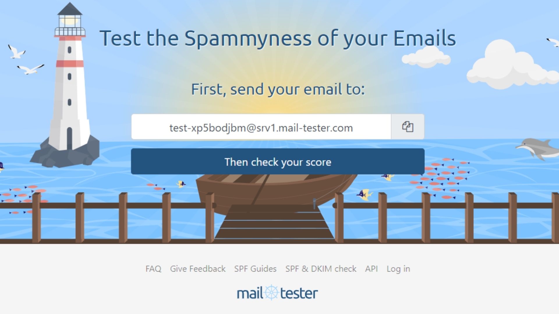 Screenshot of a page from mail-tester.com, one of the best email deliverability tools, instructing users to send an email to a provided address to check their spam score. 