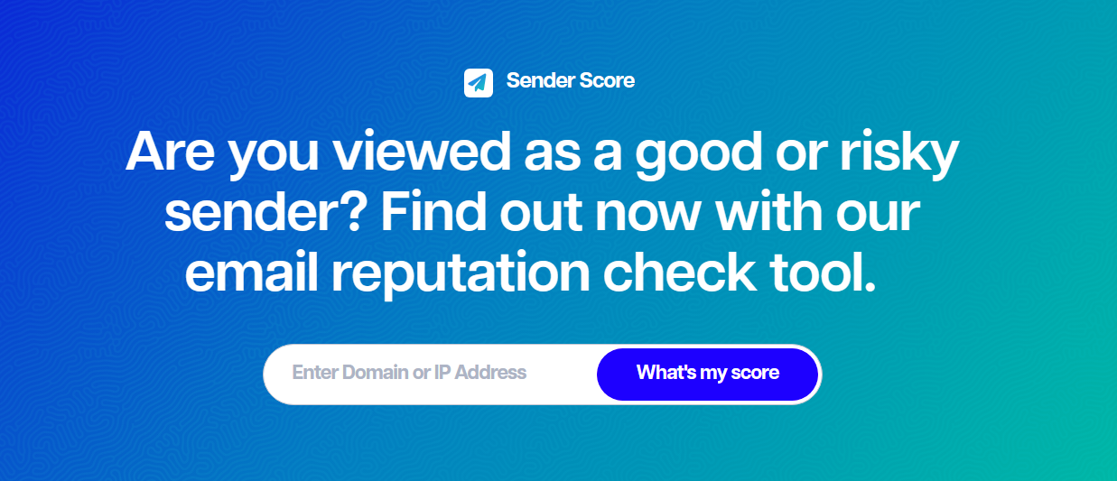 Screenshot of Sender Score's interface displaying an email reputation check tool with a prompt to enter a domain or IP address and a button to find the score. Recognized as one of the best email deliverability tools