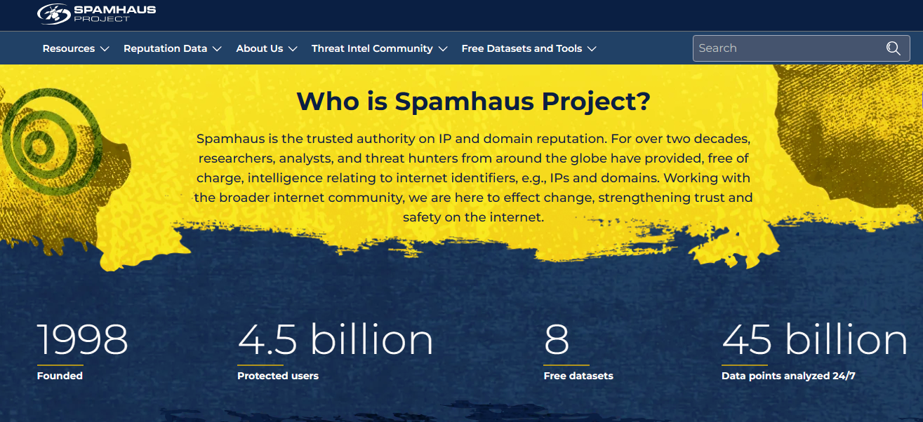 Screenshot of the Spamhaus Project website. The page highlights it as one of the Best Email Deliverability Tools.