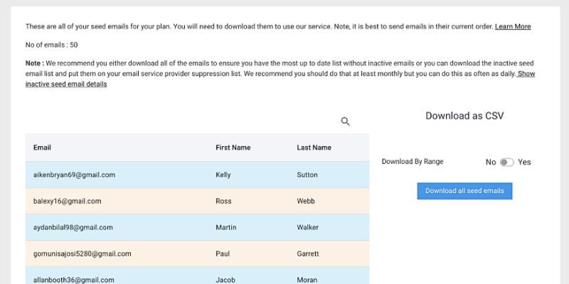 Seed email list displayed for download, a crucial step in setting up an effective email warm-up process.