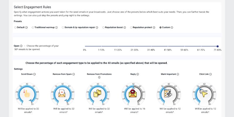 Engagement rules setup for email warm up, displaying options to enhance domain reputation and increase email deliverability.