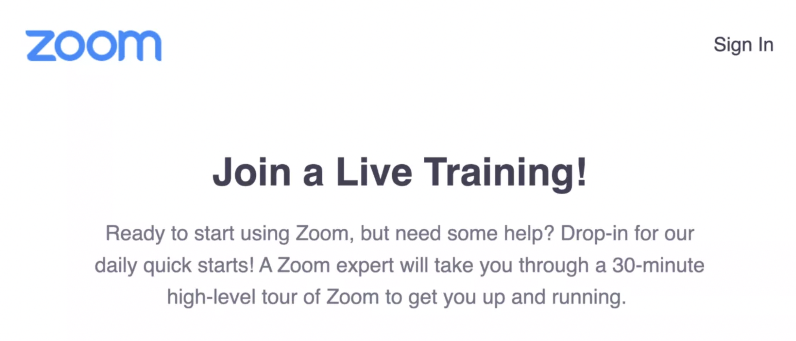 Uma captura de tela do site do Zoom promovendo uma sessão de treinamento ao vivo, com cabeçalhos de e-mail  