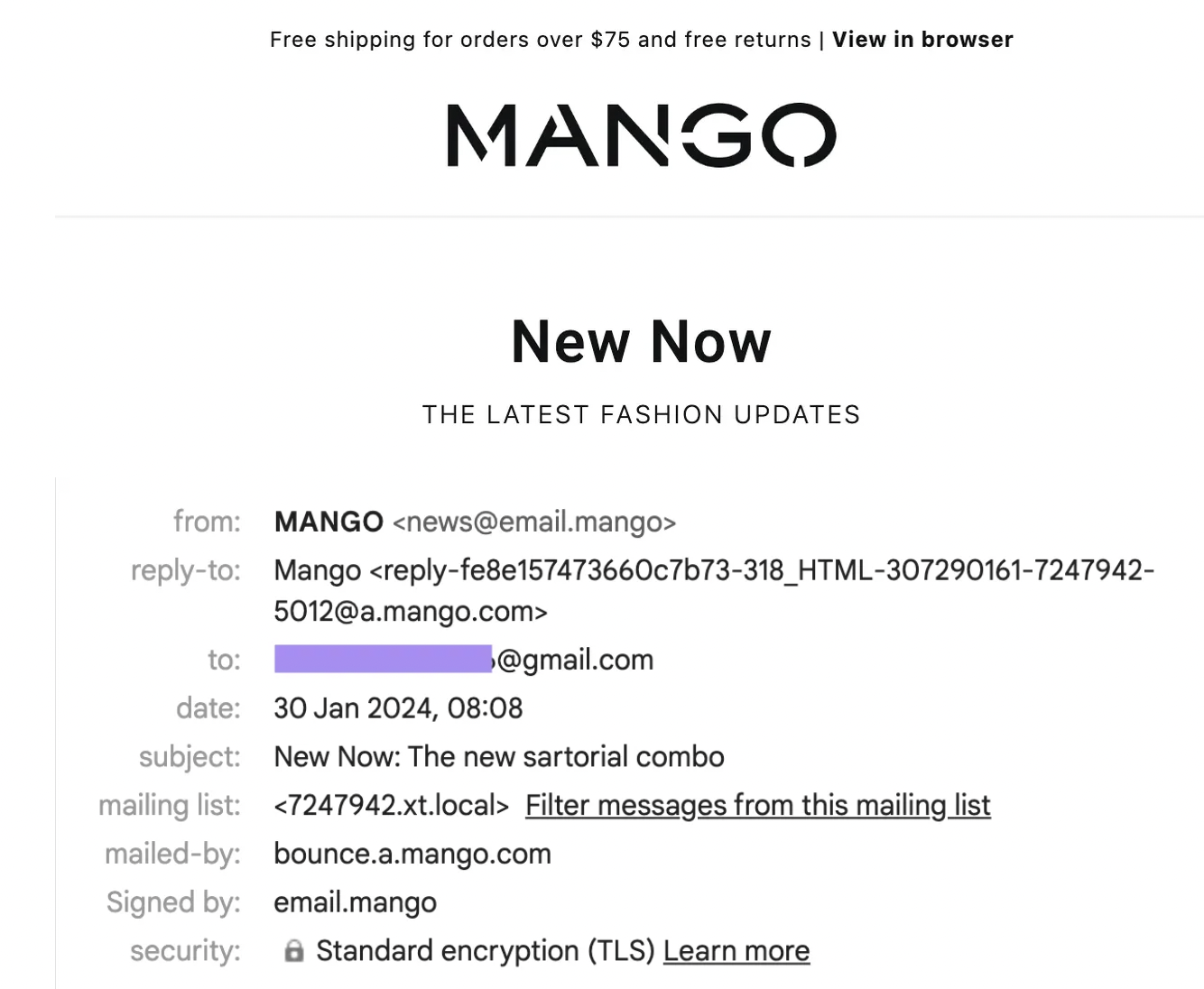 Screenshot of an email campaign from Mango with a subject titled "fashion updates"