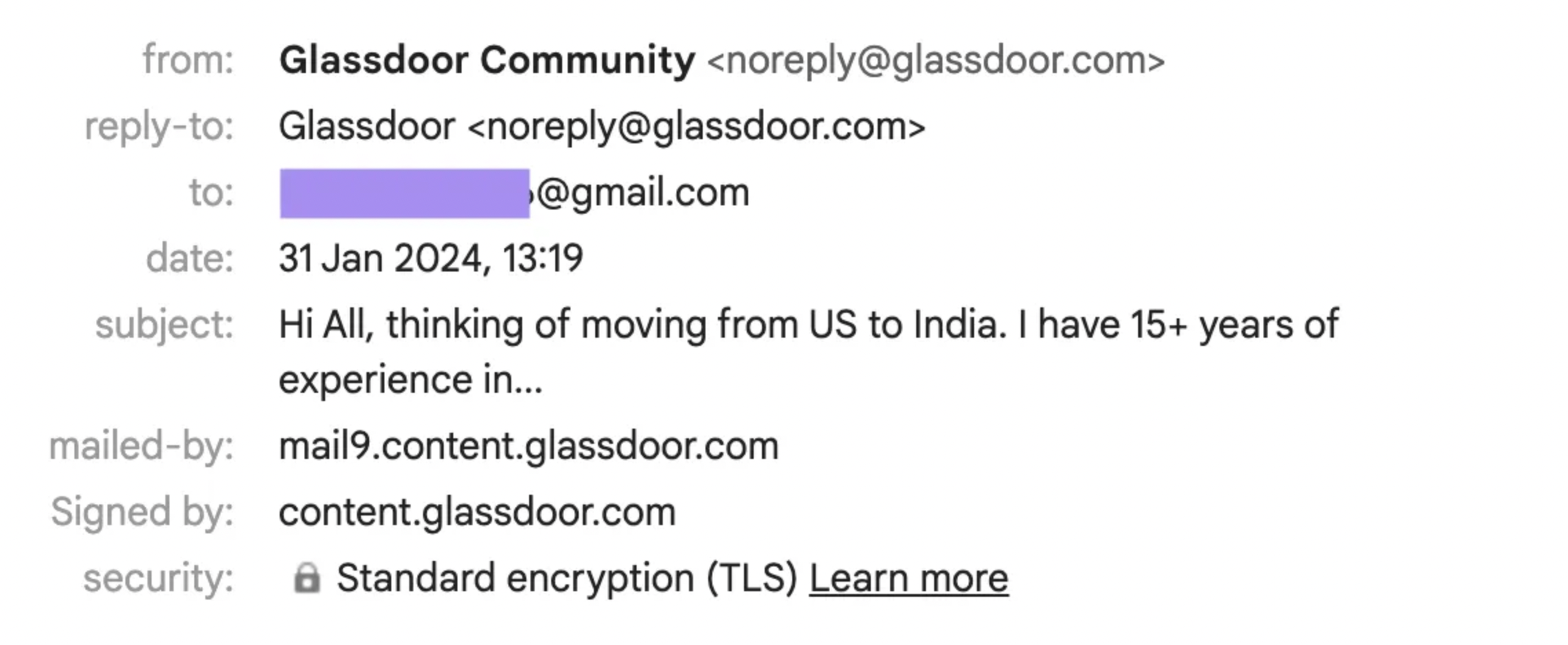 Captura de tela de e-mail da comunidade Glassdoor  