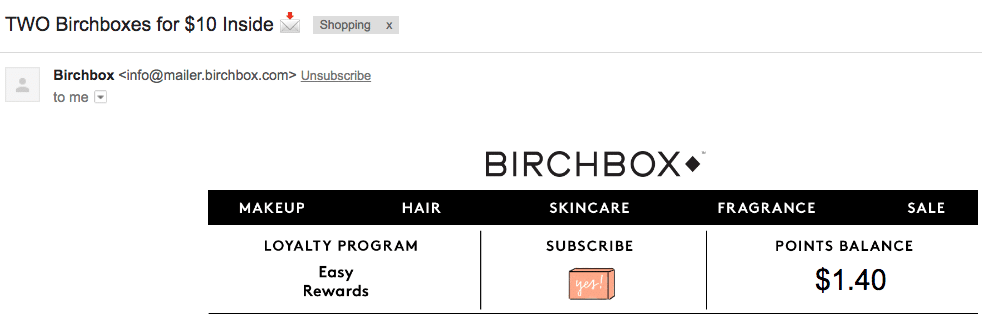 Captura de tela de página da Web exibindo uma campanha da birchbox  