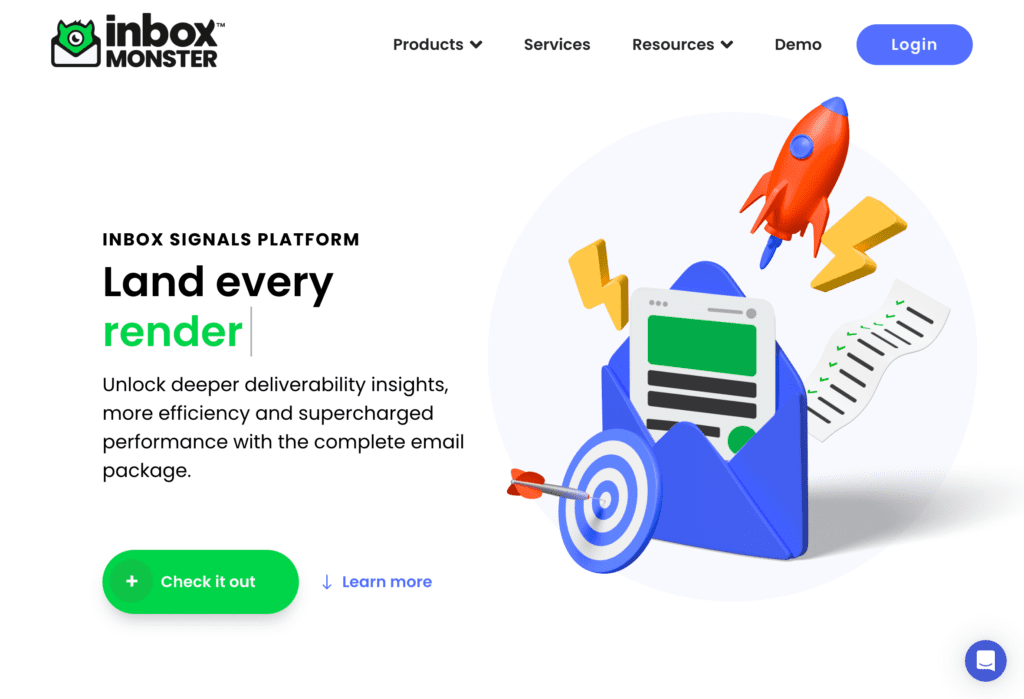 Graphic for "inbox monster" email platform, featuring an envelope with documents and a rocket, target, and clipboard icons, emphasizing efficiency and advanced features to Compare Inbox Monster vs InboxAlly.
