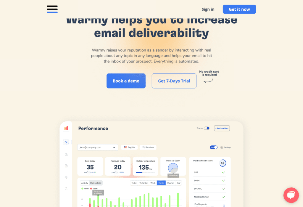 Screenshot of a website interface comparing Warmy vs InboxAlly email performance analytics with a graph and numeric data, featuring a "book a demo" button.