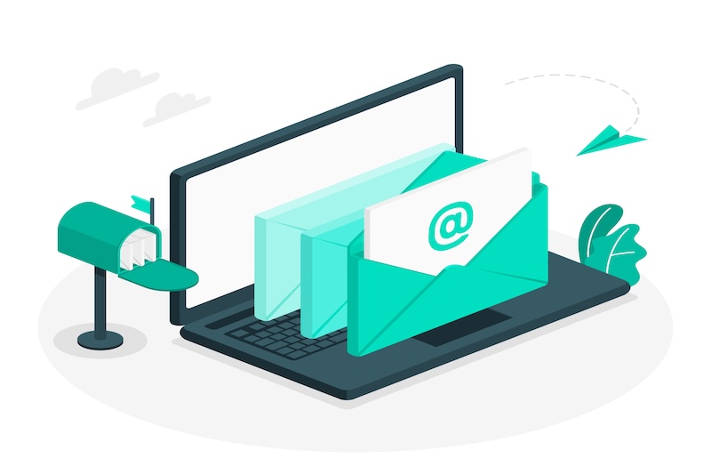 Illustration of an open laptop with email icons and envelopes emerging from it, highlighting the importance of follow-up emails without sending too many follow-ups.