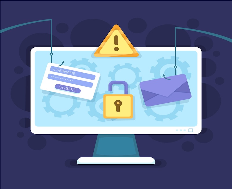 Illustration of a computer screen displaying a login form, a warning icon, a padlock, and an envelope, signifying cybersecurity threats such as phishing and hacking. The image serves as a reminder of the importance of email etiquette in preventing such attacks.