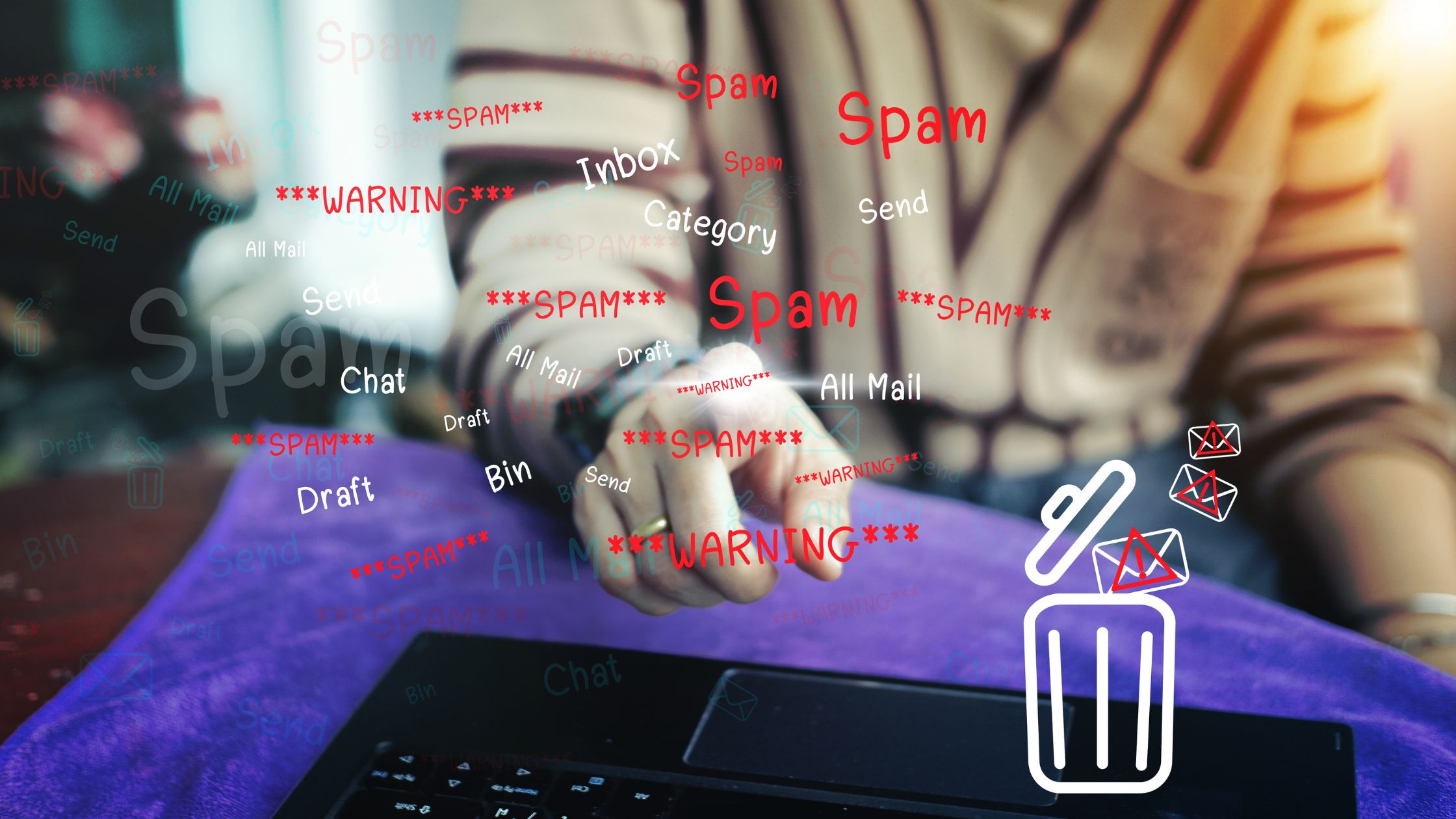 A person is depicted sitting in front of a laptop, pressing a delete button, surrounded by floating words like "Spam" and "Warning," symbolizing the act of avoiding spam emails.