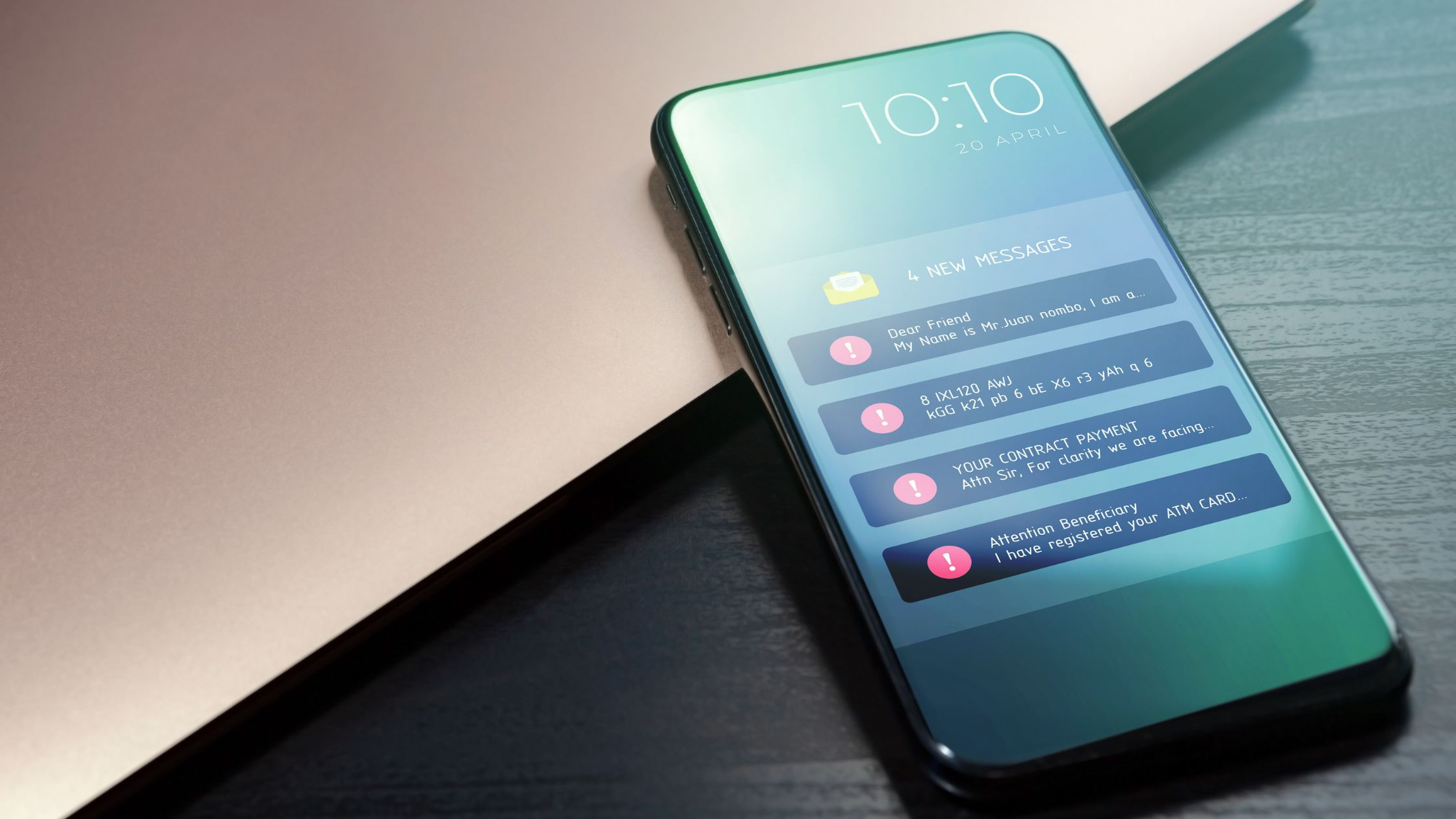 Um smartphone com vários alertas de notificação na tela é colocado ao lado de um laptop, exibindo mensagens não lidas e vários alertas sobre pagamentos e atividades da conta.  