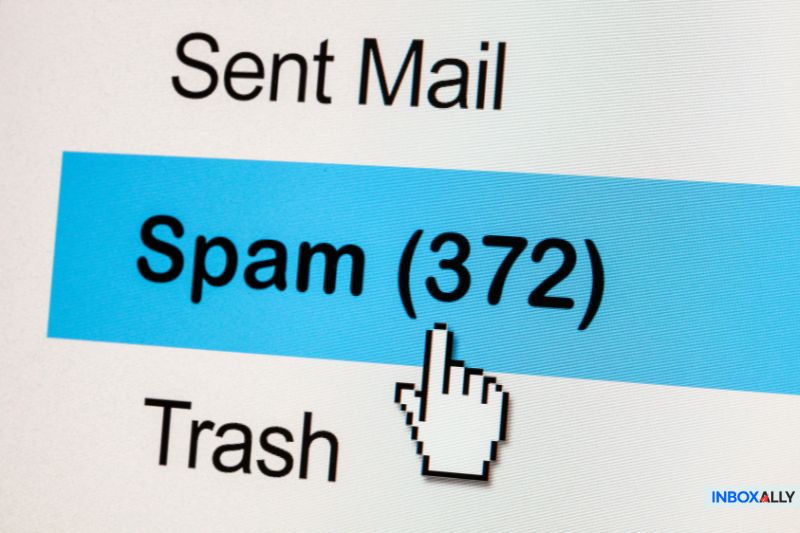 Screenshot of Gmail spam folder with 372 emails, highlighting 'message blocked Gmail' issues due to spam filters