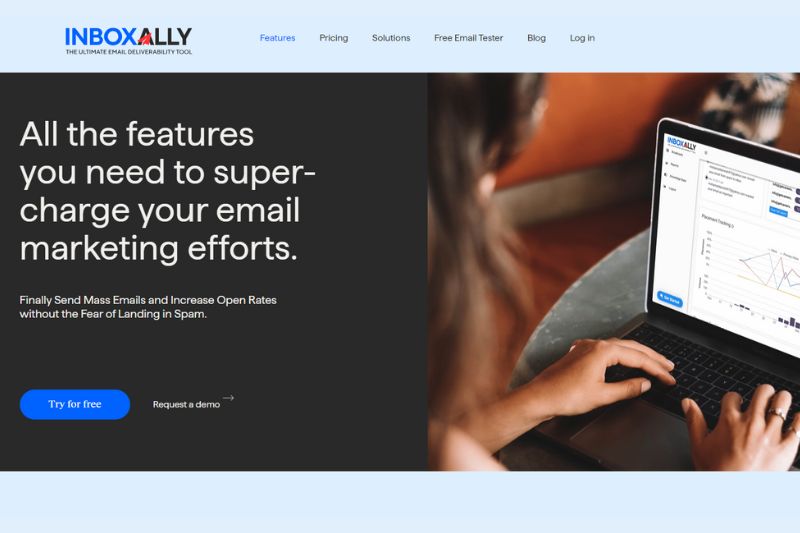 Screenshot of the InboxAlly website displaying features, pricing, solutions, capabilities as the best email deliverability solutions to help you avoid the spam folder.