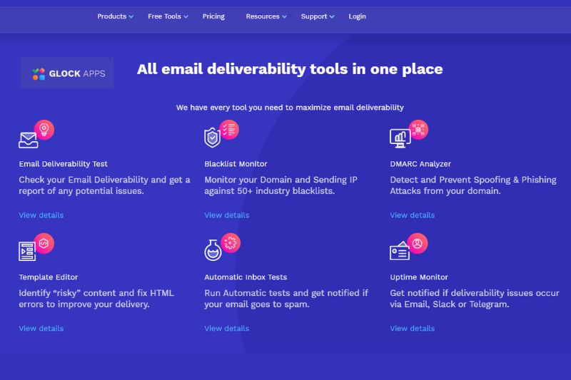 A webpage screenshot showcasing the best email solutions from GLOCK Apps, featuring tools like Email Delivery Test, Blacklist Monitor, DMARC Analyzer, Template Editor, Automatic Inbox Tests, and Uptime Monitor to improve email deliverability and avoid the spam folder.