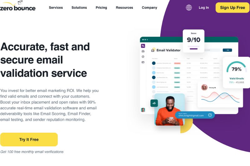A webpage for "Zero Bounce" showcasing their secure email validation service, promoting best email deliverability 