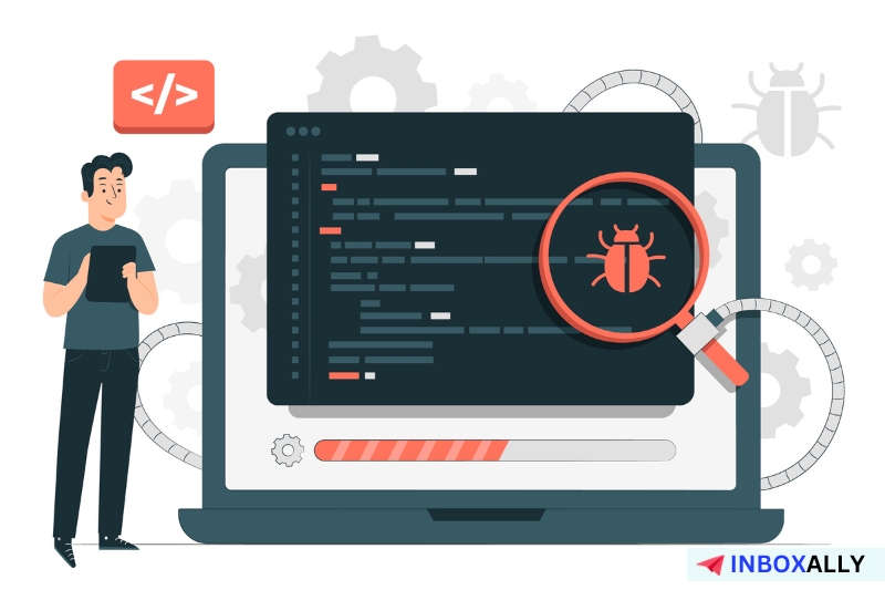 Illustration of a person standing beside a laptop with code on the screen. The code is magnified to reveal a bug icon, symbolizing software debugging and avoiding Email Honeypots. 