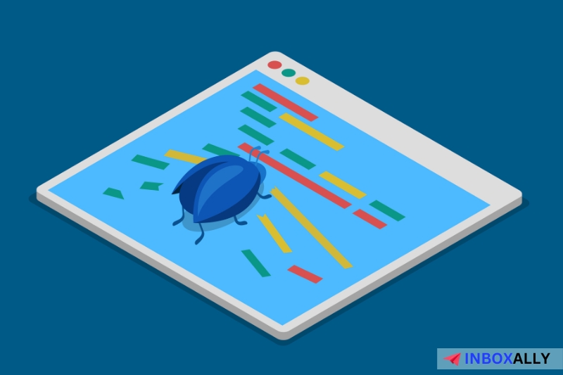 Illustration of a software window with colored code lines and a blue beetle sitting on the screen, symbolizing a bug in the software. This highlights the importance to avoid email honeypots in your code.