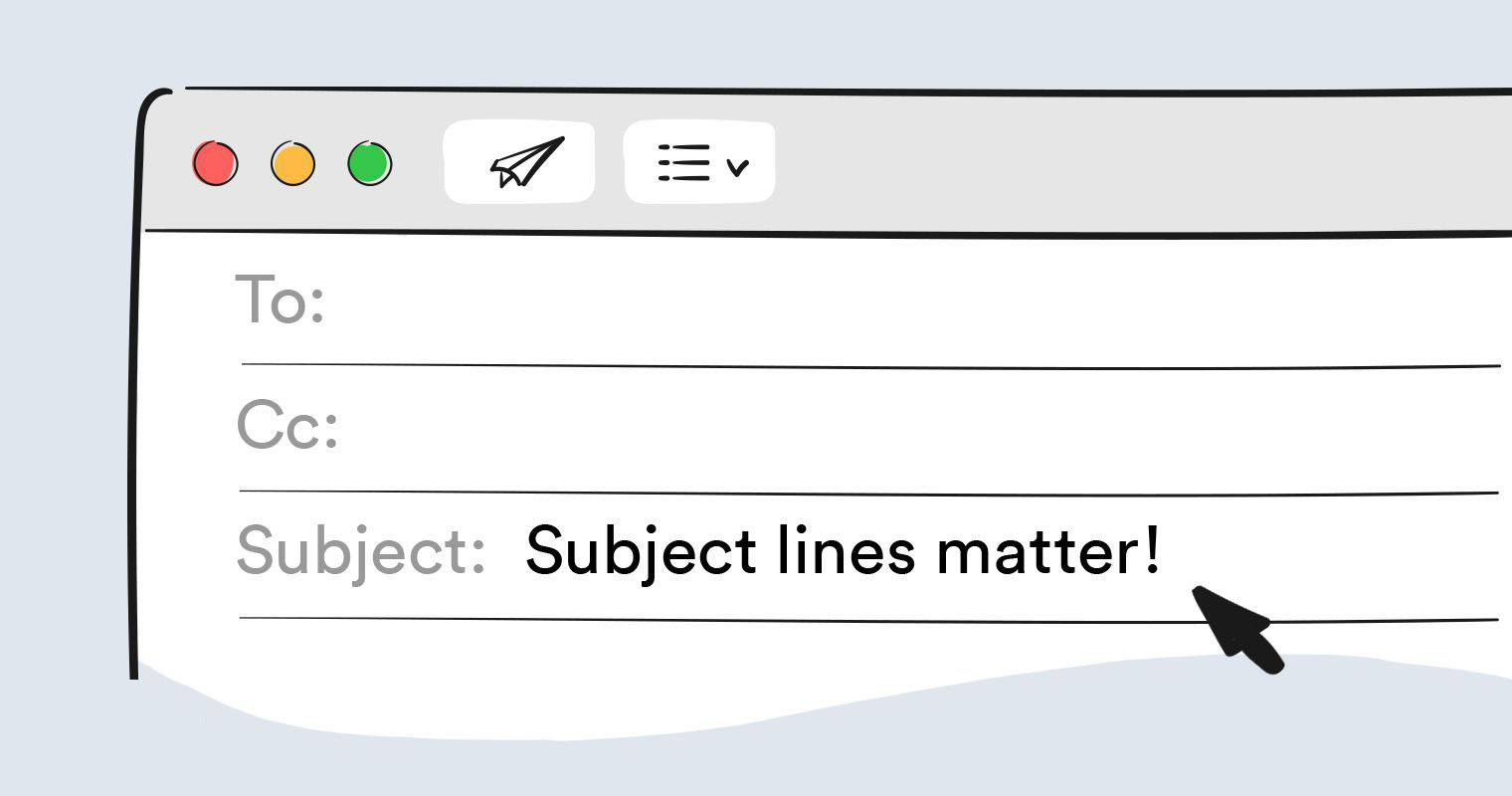 Email composition window with a cursor pointing to the subject line, which reads "Subject lines matter!" The To and Cc fields are blank. For inbox success, crafting spam-proof emails is essential.