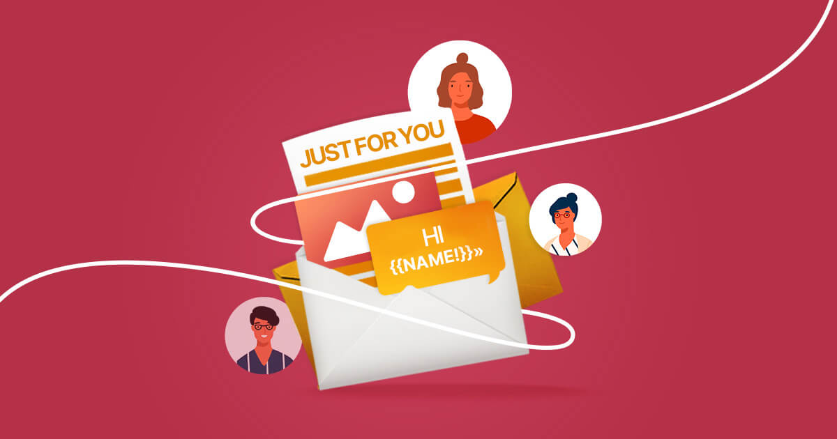 Illustration of a personalized card emerging from an envelope, surrounded by images of three different people. The card displays a "HI {{NAME}}" message, embodying the essence of inbox success with expert tips to ensure your email is spam-proof.