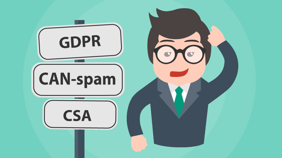 An illustrated person stands next to a signpost with the labels "GDPR," "CAN-spam," and "CSA," ensuring your emails are Spam-Proof for Inbox Success.