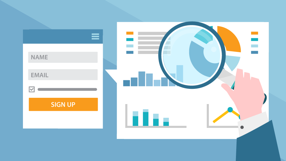 Illustration of a hand holding a magnifying glass over graphs and pie charts, with a sign-up form labeled "Name" and "Email" on the left, promising expert tips for inbox success.