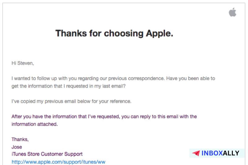 An email from iTunes Store Customer Support to Steven, following up on previous correspondence and inviting a reply after obtaining requested information. The Apple and InboxAlly logos are visible. As we advance towards the best format in 2024, we're keen to know if you prefer HTML emails or plain text emails for better communication. 