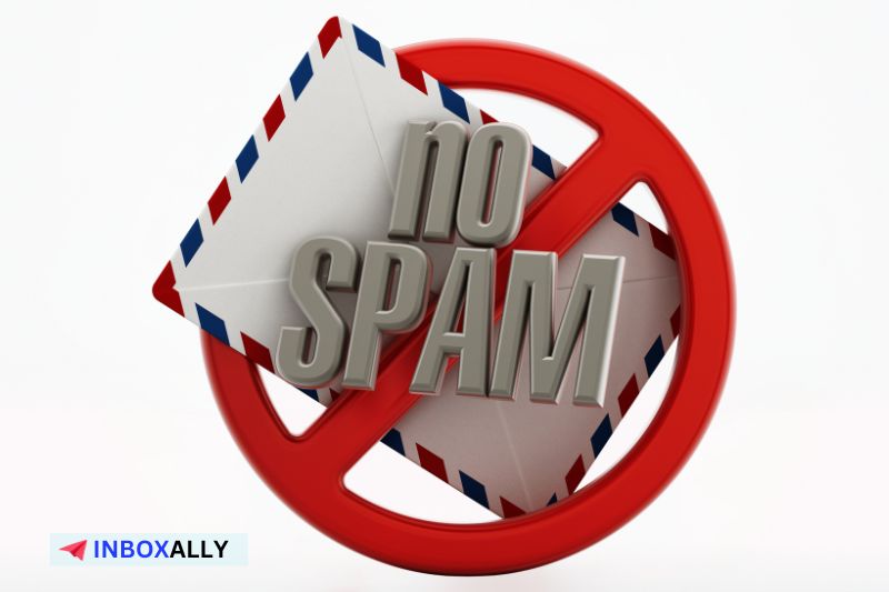 A stylized "No Spam" sign featuring a red prohibition symbol over an envelope signifies the importance of restricting spam emails. emphasizing effective email marketing practices.