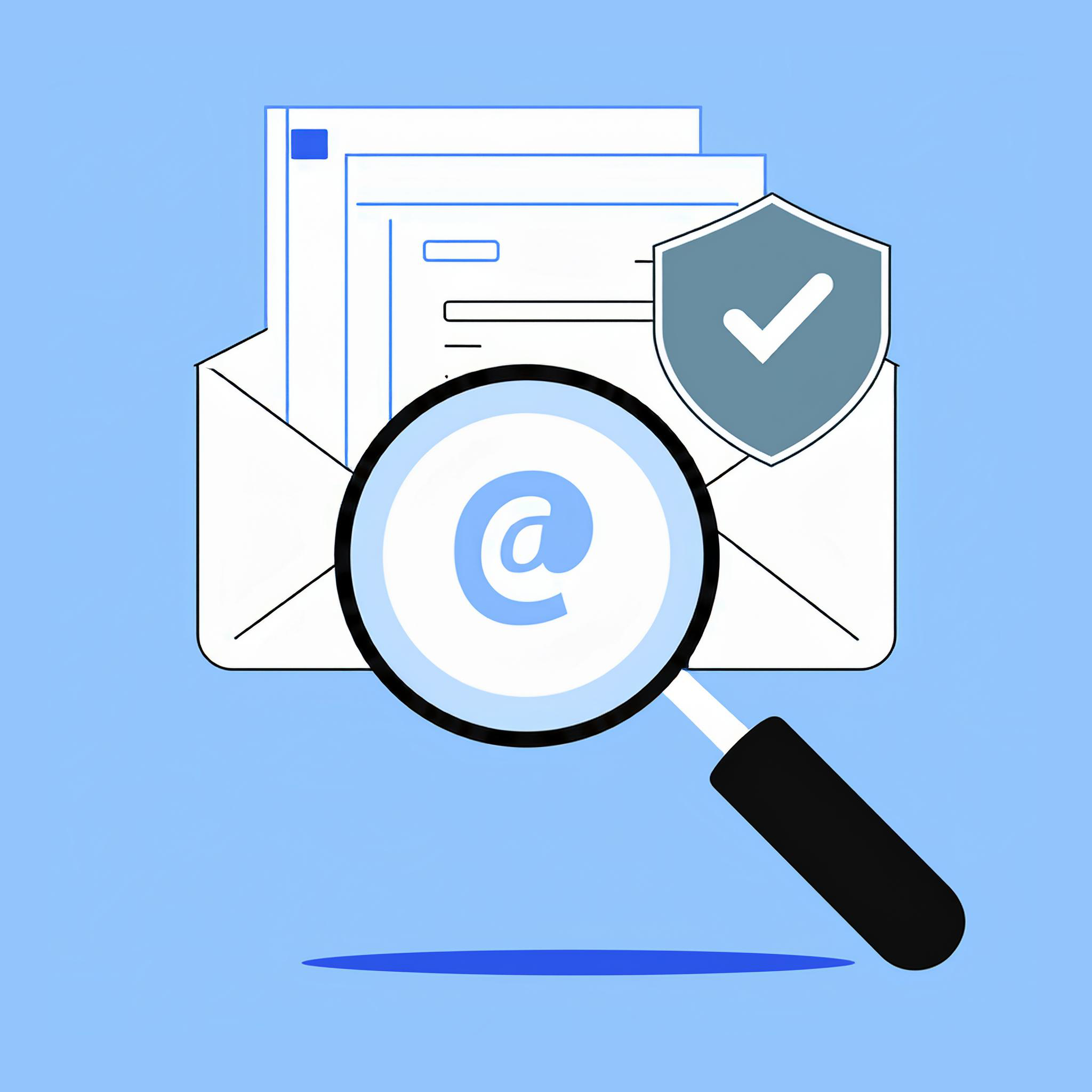 An envelope with documents inside, a shield with a checkmark, and a magnifying glass highlighting an "@", symbolizing email list verification. The illustration is set against a light blue background.