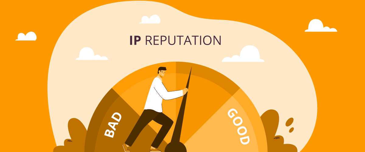 An illustration depicts a person adjusting a large dial labeled "IP Reputation," ranging from "Bad" to "Good," set against a yellow-orange background. This imagery highlights the crucial role of IP reputation in ensuring effective email delivery and optimizing inbox placement.