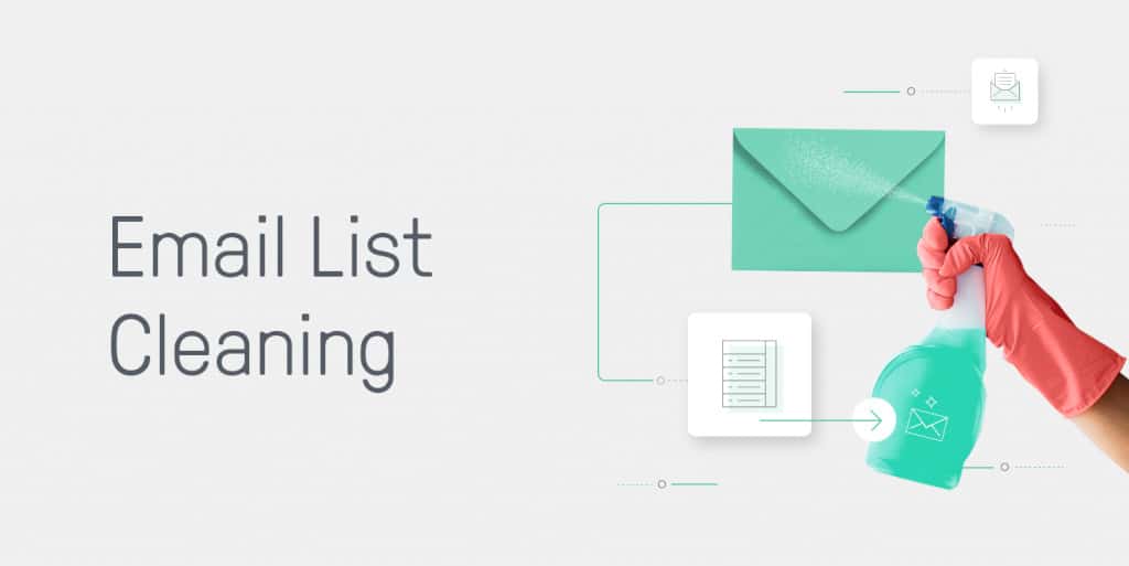 An illustration of email list cleaning features a hand in a red glove holding a spray bottle, surrounded by icons of an envelope and lists, symbolizing the importance of maintaining your IP reputation for successful inbox delivery.