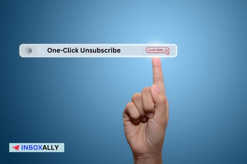 A finger hovers over a "One-Click Unsubscribe" button on a blue background, effortlessly meeting the requirement for instant inbox decluttering. 