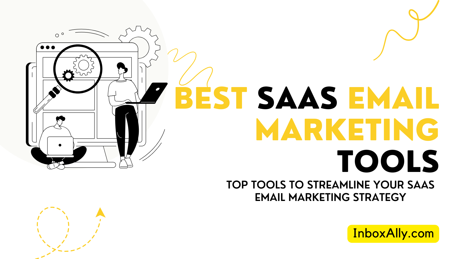 Illustration of two people with a computer and gears, featuring text: "Best SaaS Email Marketing Strategies".