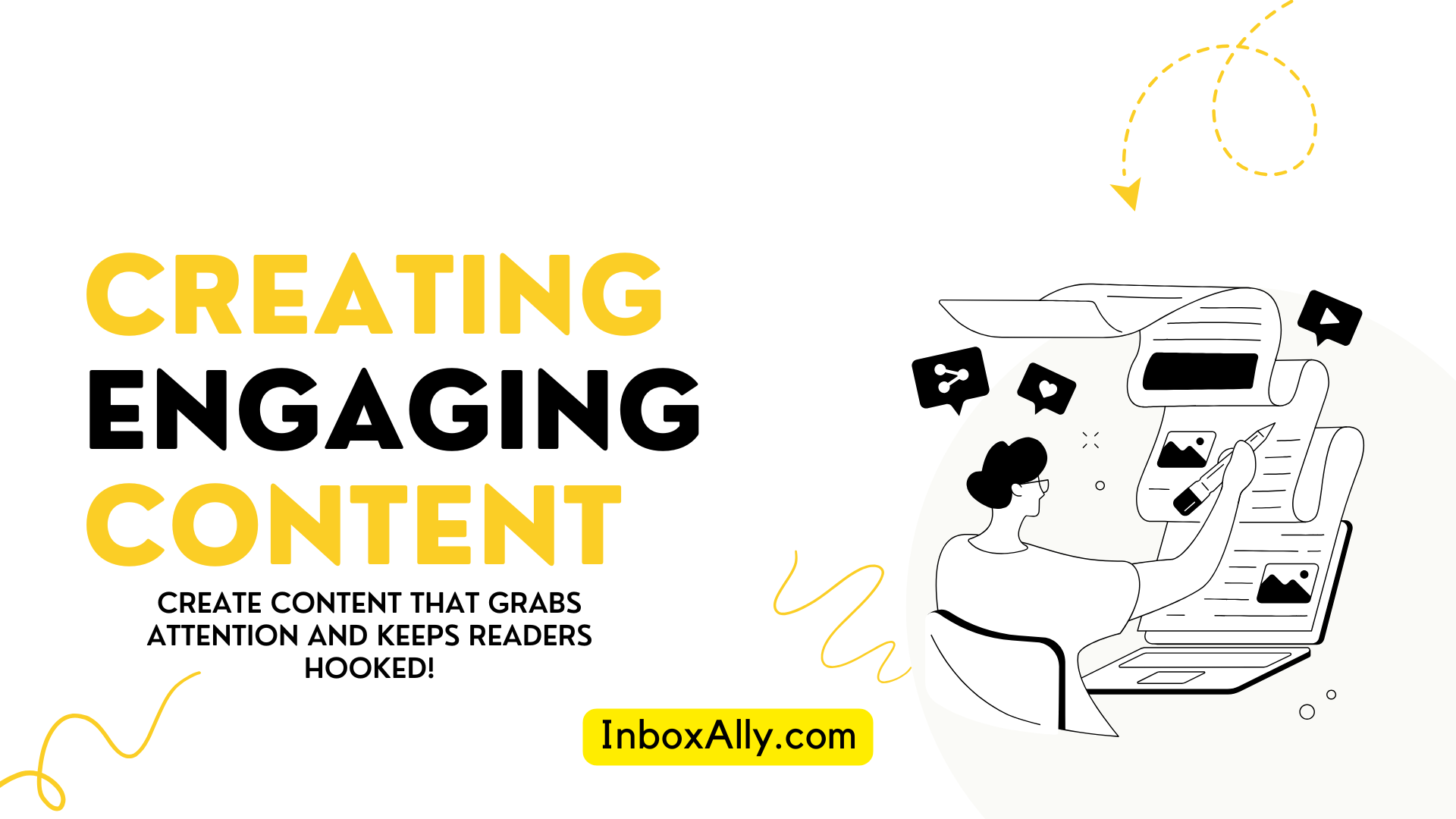 Illustration of a person at a desk surrounded by icons, with text "Creating Engaging Content through Email Marketing Strategies".