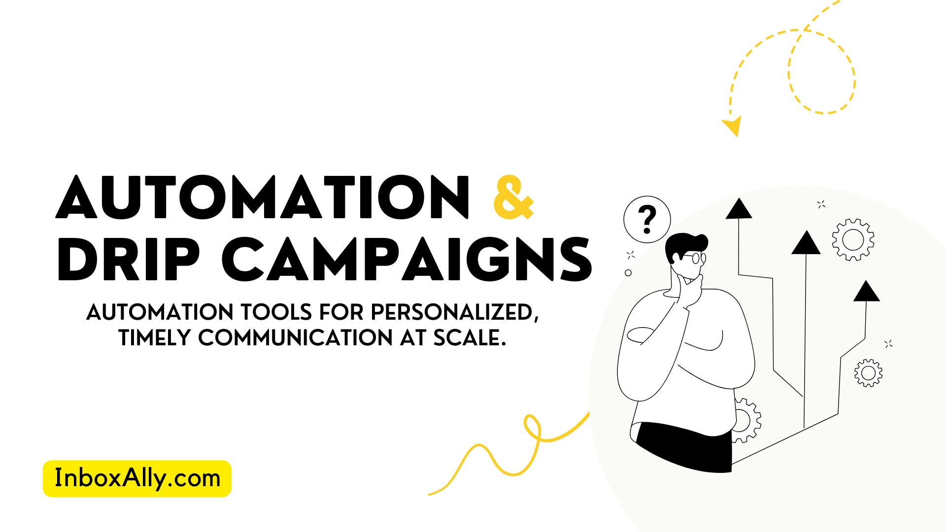 Illustration of a person pondering with Text reads "SaaS Strategies & Drip Campaigns" alongside a graph and gears, emphasizing email marketing tactics. 