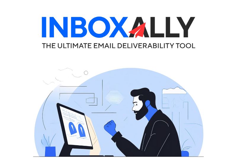 A person at a computer, enveloped in a blue-themed illustration, appears on the screen with the text "INBOXALLY: The Ultimate Email Deliverability Tool" above—a true Inbox Placement expert and MailGenius alternative.