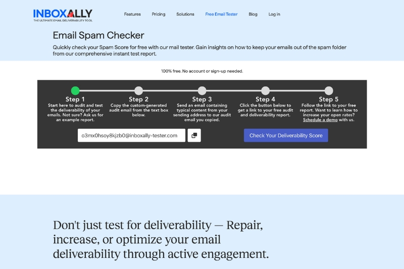 Captura de tela da ferramenta de verificação de spam de e-mail do InboxAlly, uma alternativa eficaz ao Mail-Tester. Ela apresenta um guia de quatro etapas para verificar as pontuações de capacidade de entrega, ajudando você a navegar pelos filtros de spam com facilidade. Um botão grande solicita que você verifique sua pontuação de capacidade de entrega.
